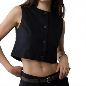 AE Cotton Boxy Button-Up Crop Top American Eagle NWT Black XS